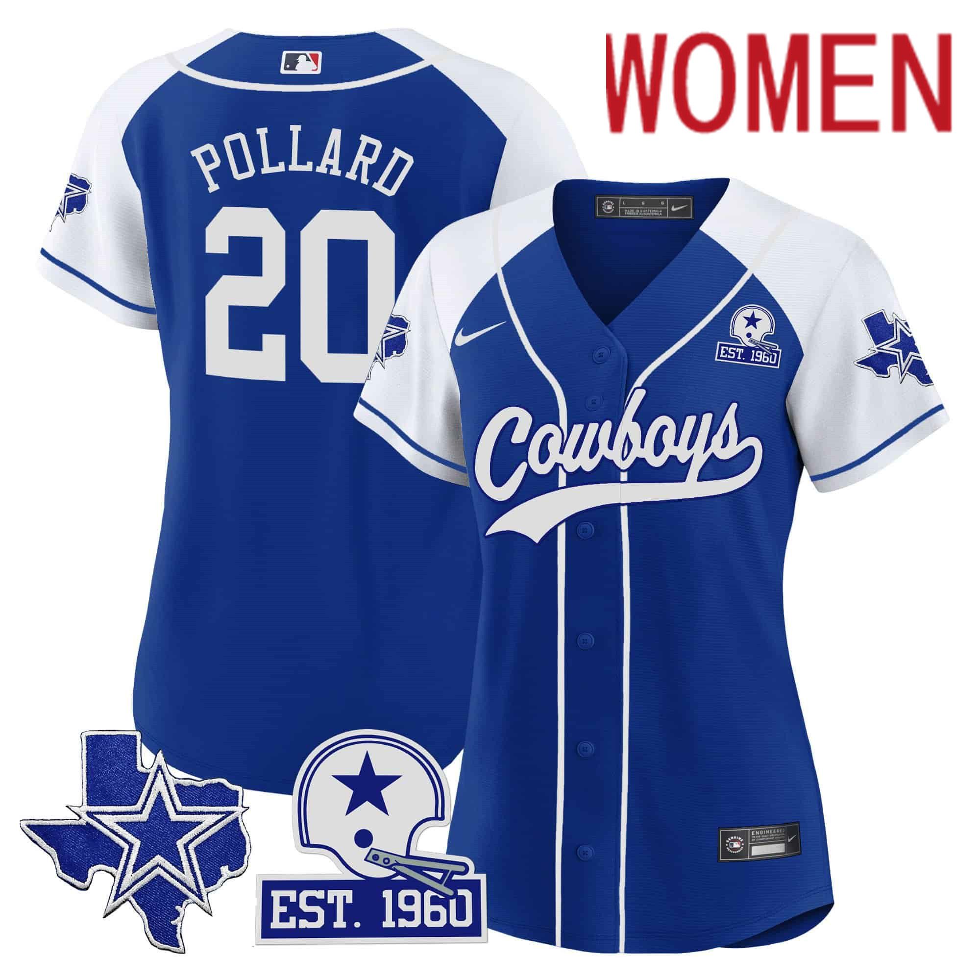 Women Dallas Cowboys 20 Pollard Blue 2024 Nike Patch Baseball NFL Jersey style 1